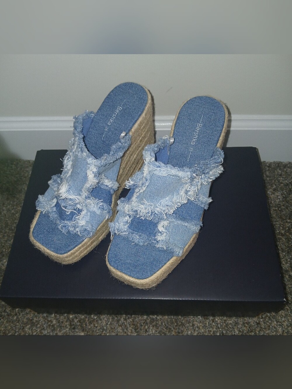 Bershka Denim Frayed Espadrille Platform Sandals - Blue
